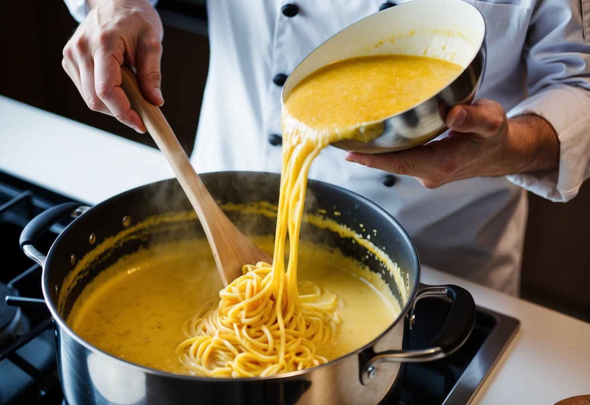 A chef mixing ingredients for a creamy pasta sauce in a large pot on a stove