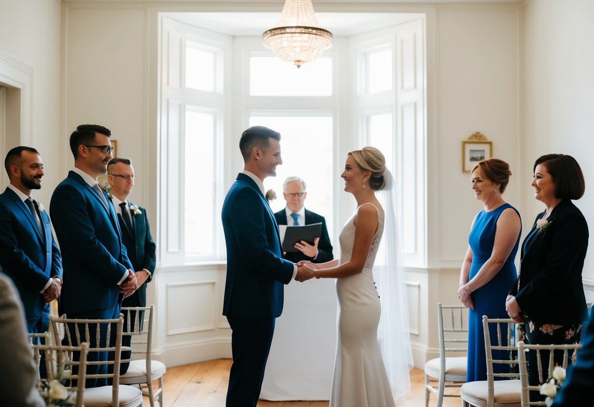 A couple stands before a registrar in a simple, elegant room, exchanging vows as witnesses look on