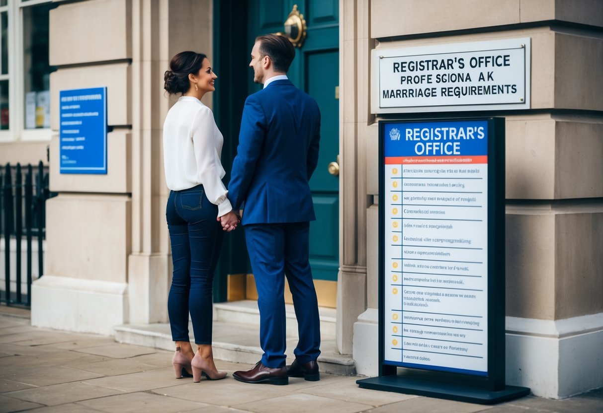 A couple standing in front of a registrar's office, looking at a sign with marriage requirements listed