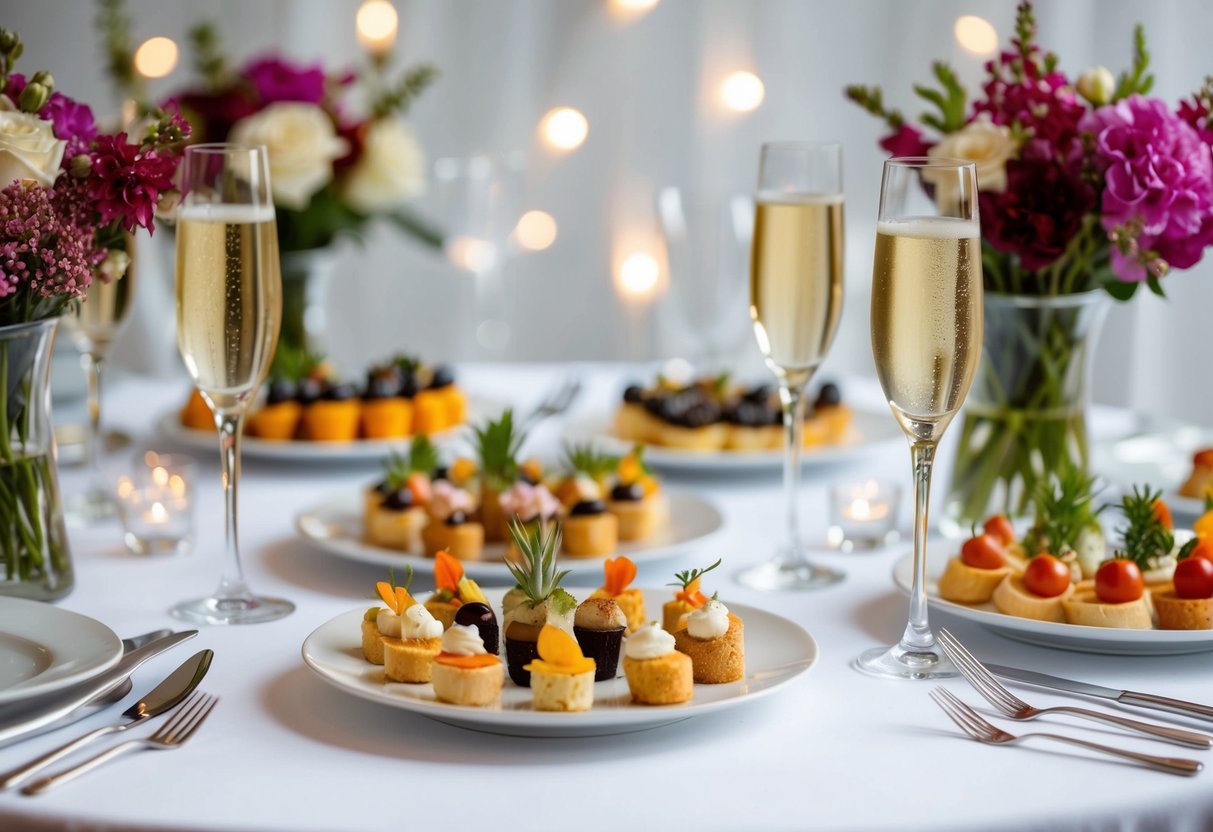 A table set with an assortment of elegant finger foods, surrounded by champagne flutes and decorative floral arrangements