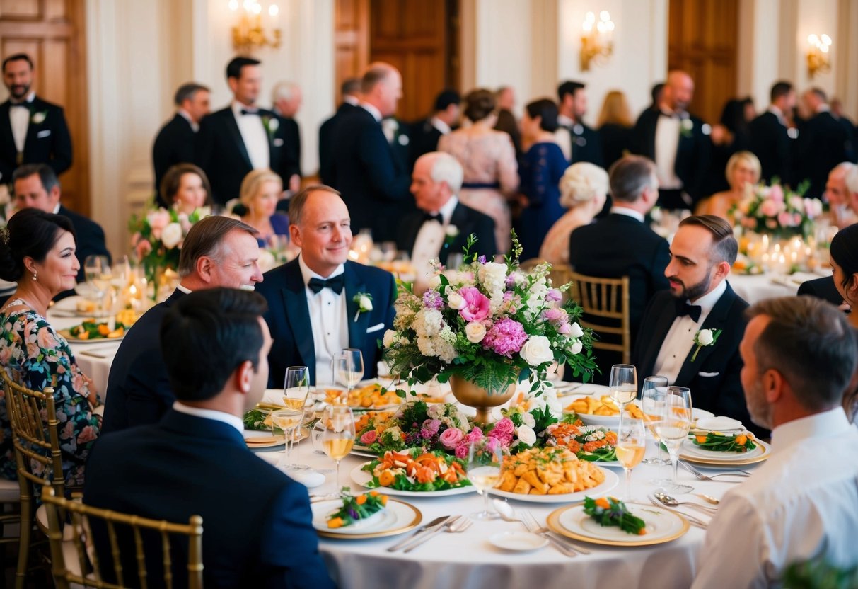 Guests gather around elegant tables, adorned with floral centerpieces and fine china. A lavish spread of appetizers and entrees awaits, tempting the senses with vibrant colors and tantalizing aromas