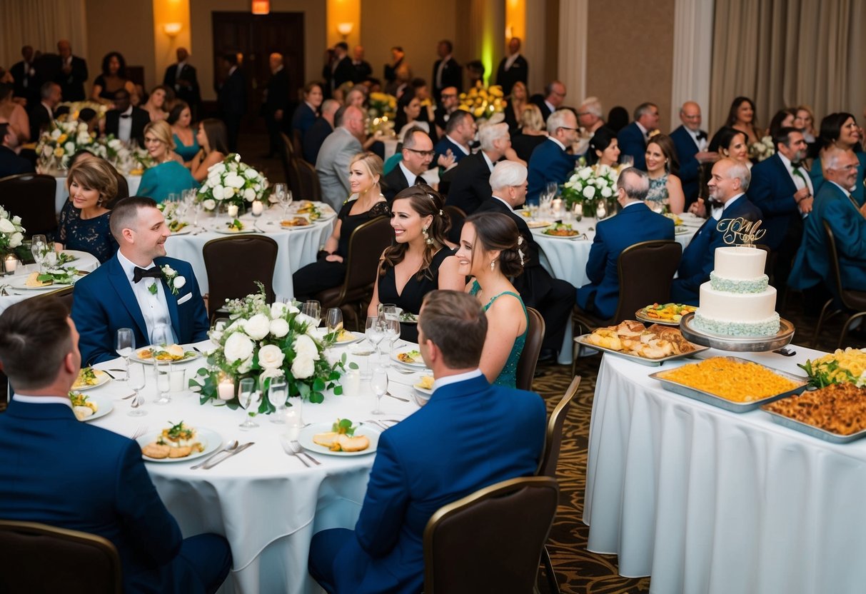 Guests seated at round tables, adorned with elegant centerpieces, await the start of the wedding reception. A buffet table with a variety of food and a beautifully decorated wedding cake are prominently displayed