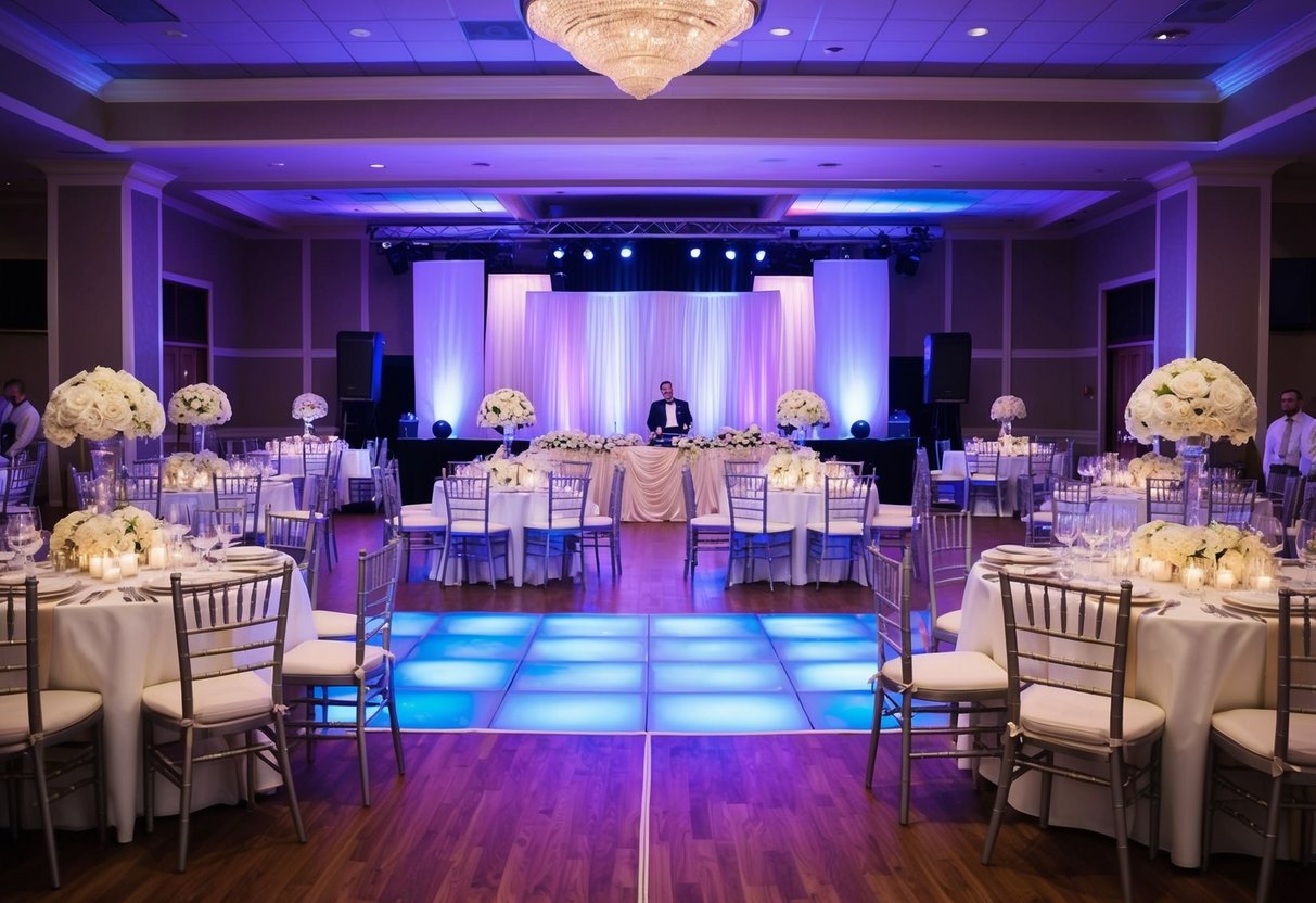 A lively wedding reception with a dance floor and stage for entertainment, surrounded by tables set with elegant place settings and floral centerpieces