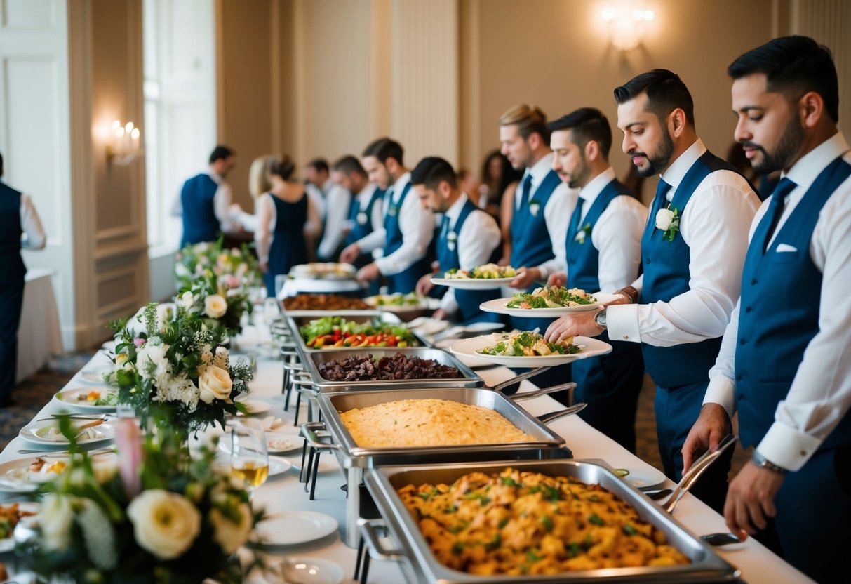 Guests line up at a buffet table, selecting from a variety of dishes. Servers replenish trays and clear empty plates. Tables are adorned with floral centerpieces and elegant place settings