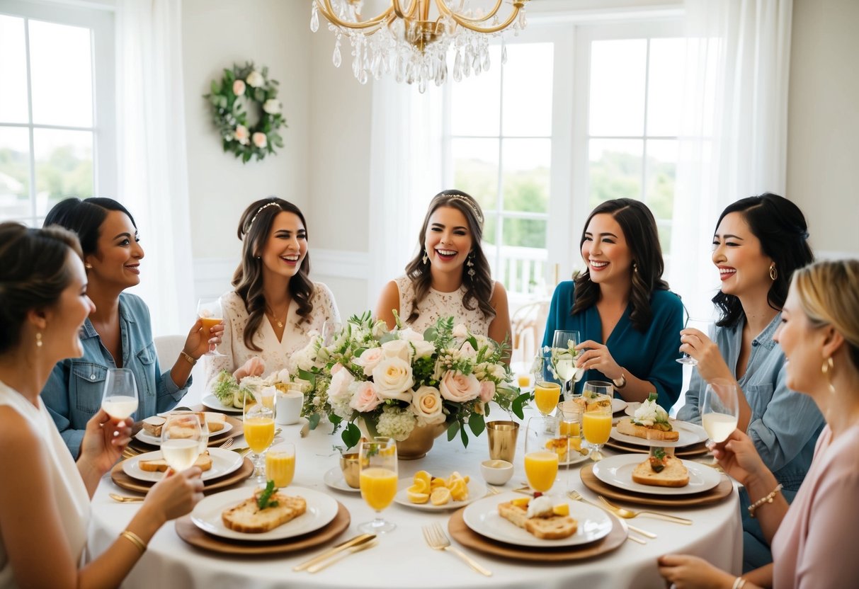 A group of friends gather around a beautifully set table, enjoying a bridal shower brunch. A cheerful atmosphere fills the room as they share laughter and conversation