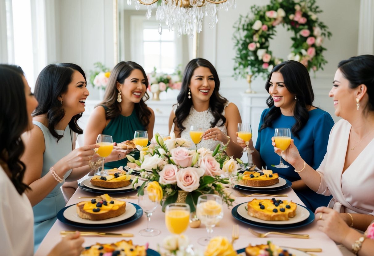 A group of women enjoying a brunch spread at a bridal shower. Tables are adorned with flowers and elegant place settings. Laughter and conversation fill the air