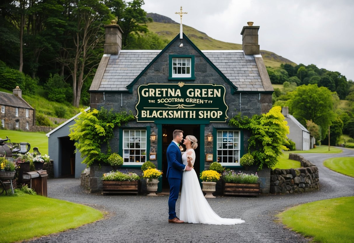 A couple stands before the historic Gretna Green blacksmith shop, surrounded by lush greenery and the quaint Scottish countryside