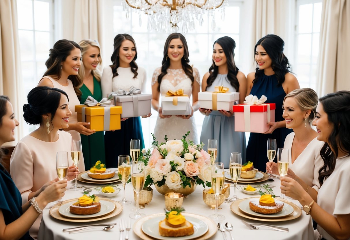 A table set with elegant brunch dishes, surrounded by floral centerpieces and champagne glasses. A group of friends gather, each holding a gift for the bride-to-be