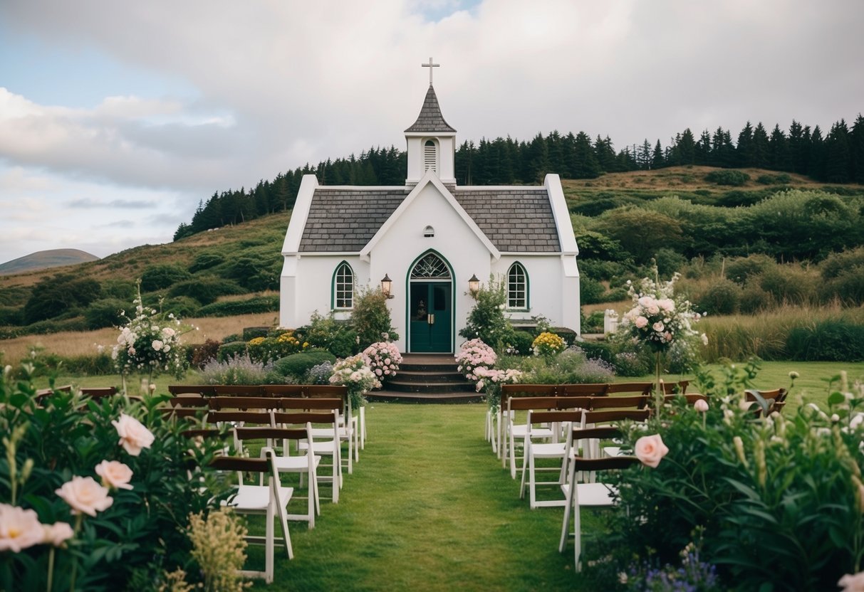 A quaint chapel nestled in the Scottish countryside, adorned with lush greenery and blooming flowers, where couples exchange vows in a last-minute, intimate ceremony