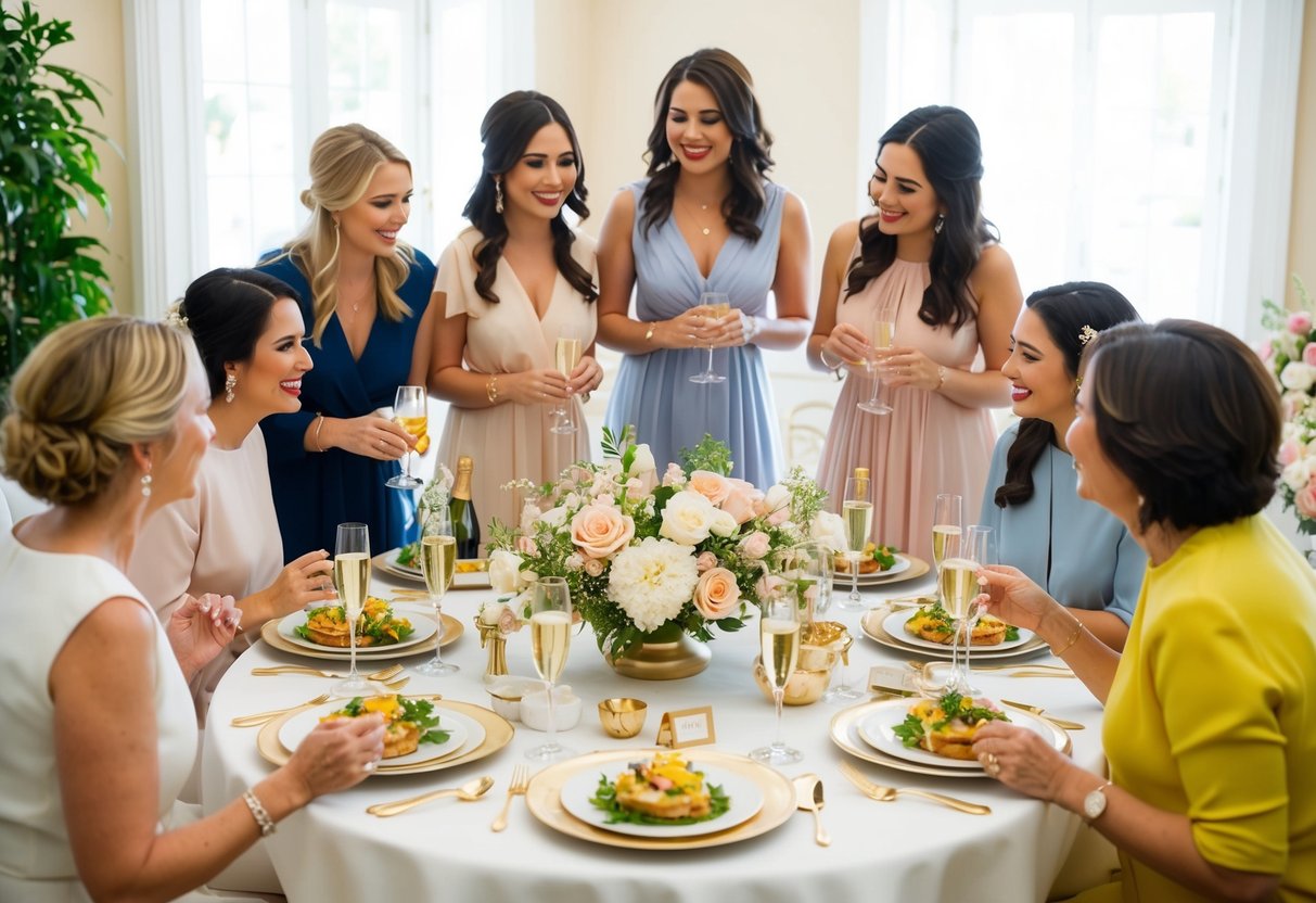 A group of women gather around a beautifully set table with floral centerpieces and elegant place settings. Plates of delicious food and glasses of champagne are arranged for the bridal shower brunch