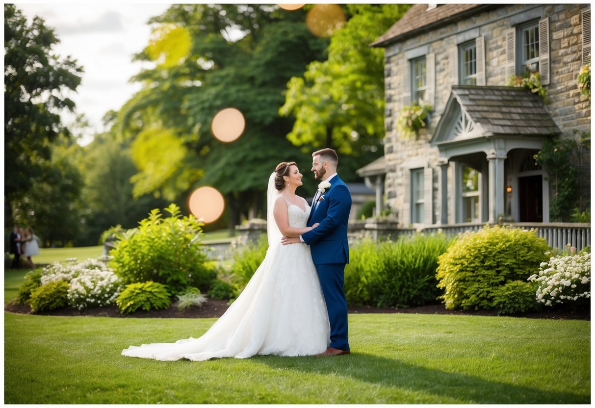A couple standing outside a historic Gretna Green wedding venue, surrounded by lush greenery and a quaint stone building