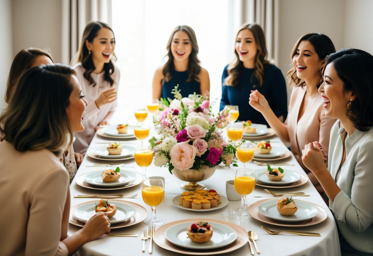 A table set with elegant brunch dishes and floral centerpieces, surrounded by excited chatter and laughter from a group of women