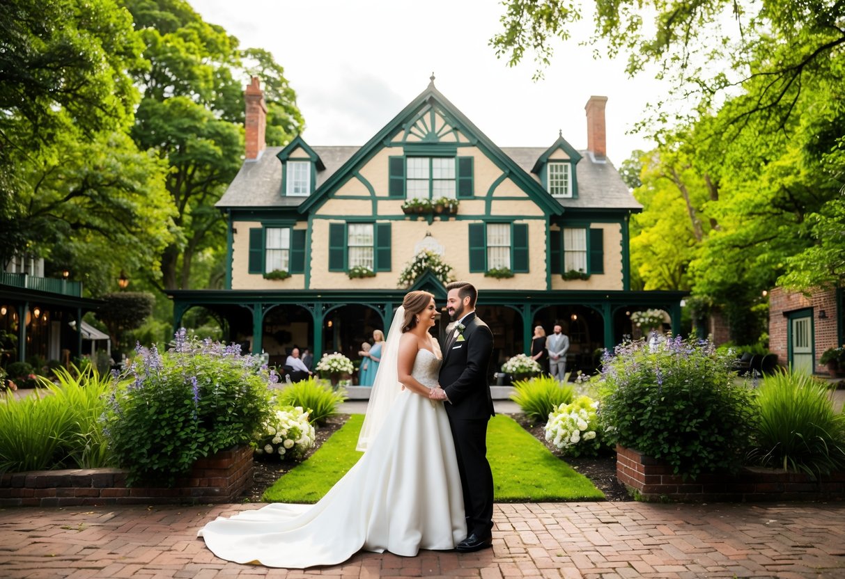 A couple stands before a historic Gretna Green wedding venue, surrounded by lush greenery and quaint buildings. A sense of urgency and excitement fills the air as they prepare to exchange vows