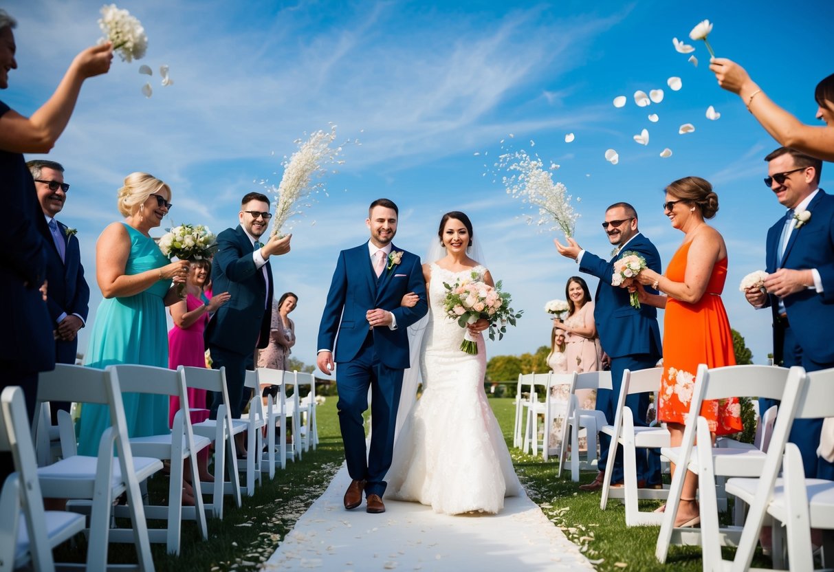 A wedding scene with a couple walking down the aisle as guests toss flower petals instead of rice