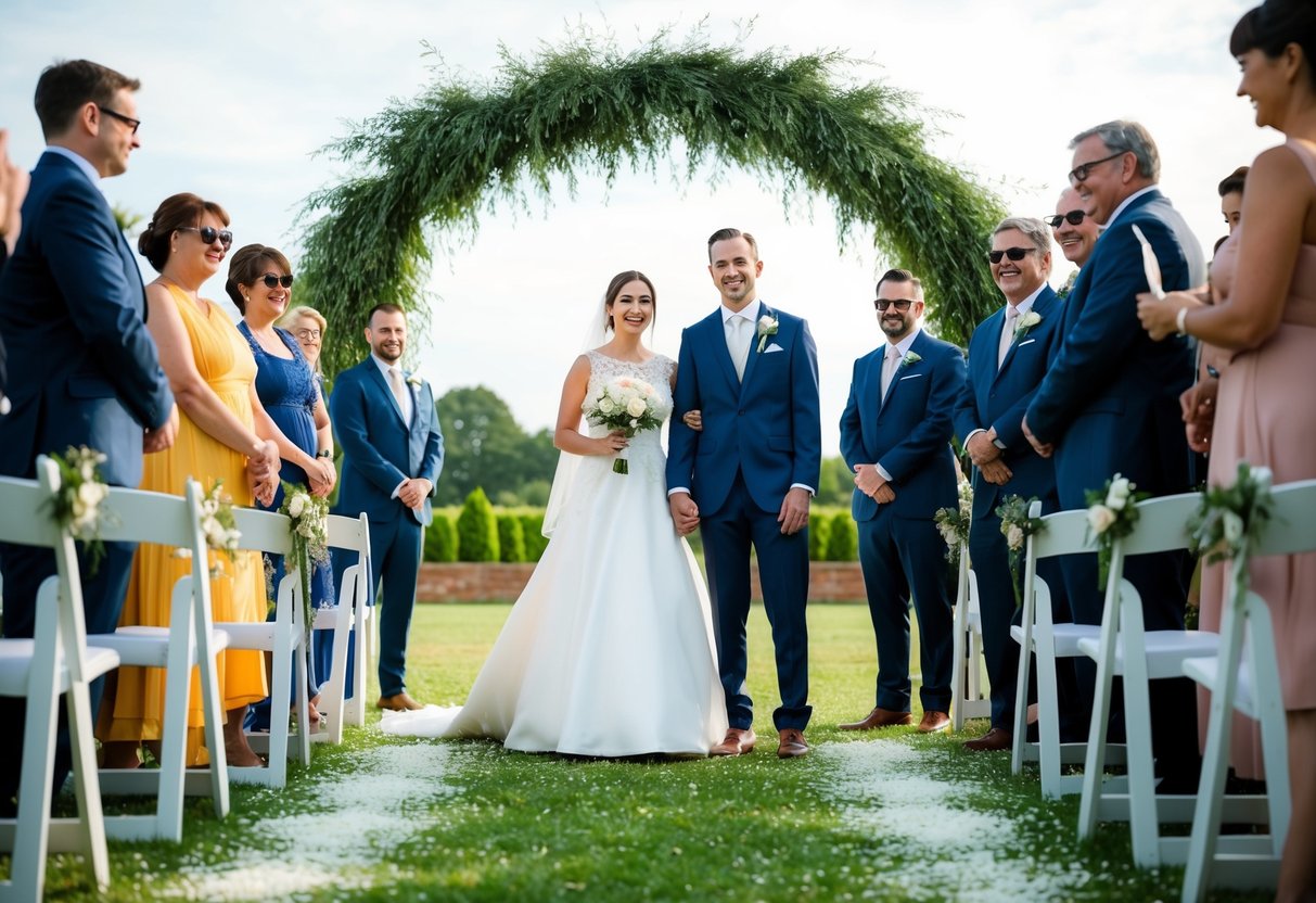 A bride and groom stand under an arch, surrounded by guests. Rice scatters the ground, symbolizing prosperity and fertility