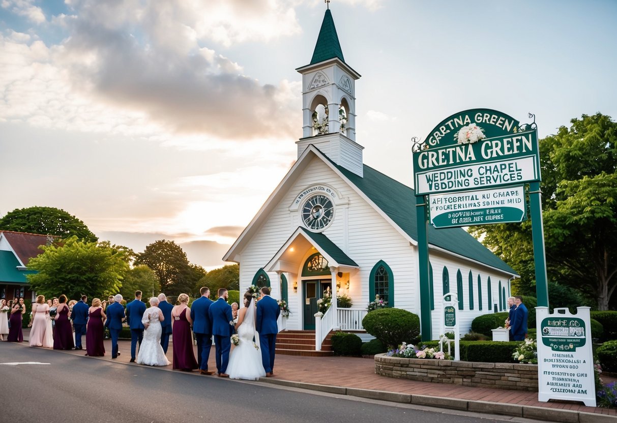 A bustling Gretna Green wedding chapel with couples lining up for last-minute ceremonies. Decorative signs advertise additional wedding services