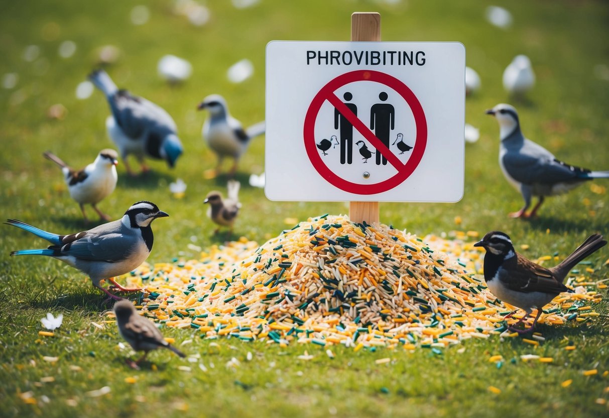 Colorful rice scattered on the ground, surrounded by birds and small animals, with a sign prohibiting throwing rice at weddings