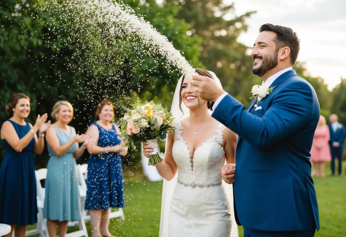 A bride and groom stand under a shower of quinoa, couscous, and flower petals instead of rice at their wedding