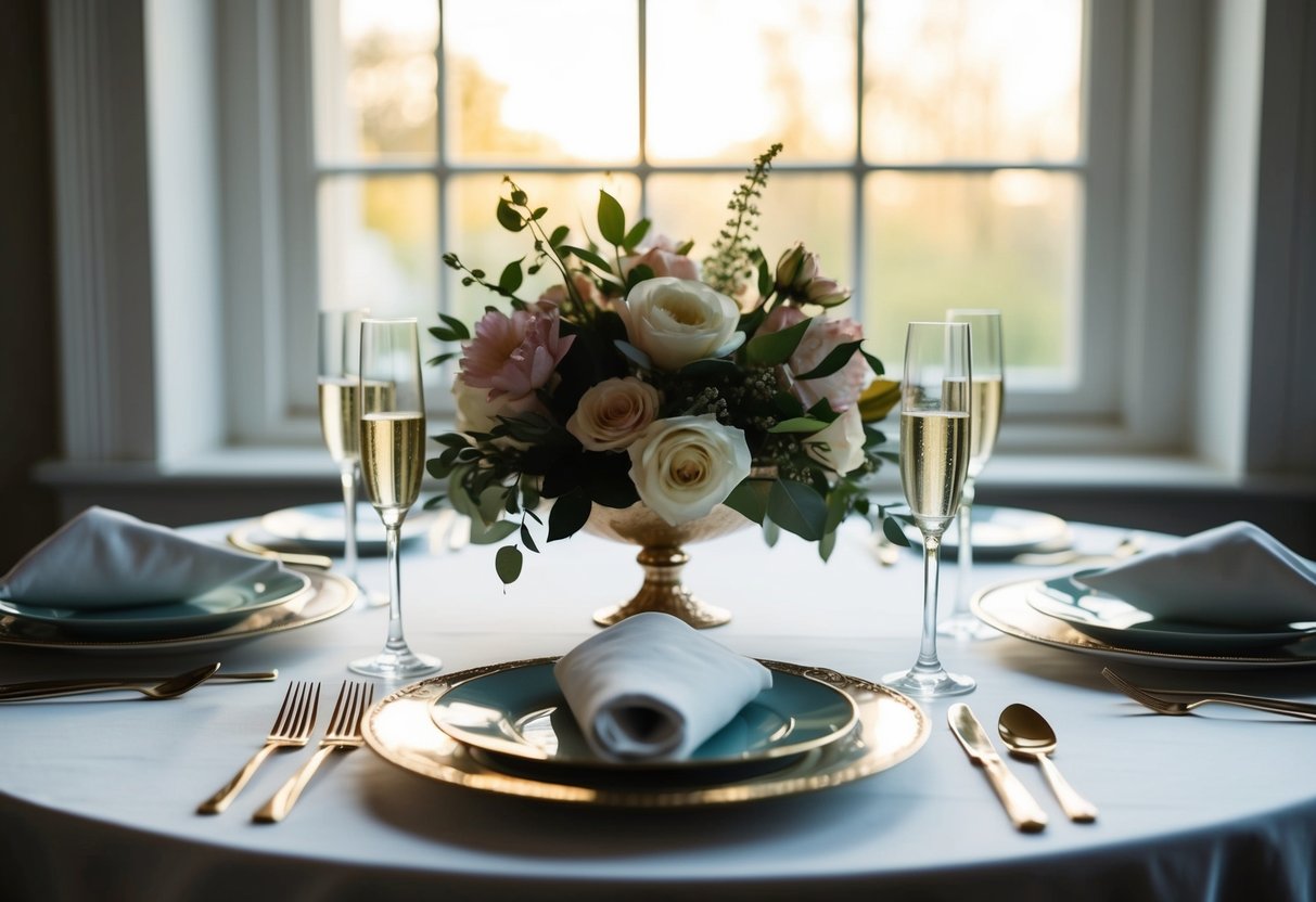 A table set with elegant dishes, champagne flutes, and a floral centerpiece, bathed in soft morning light from a window
