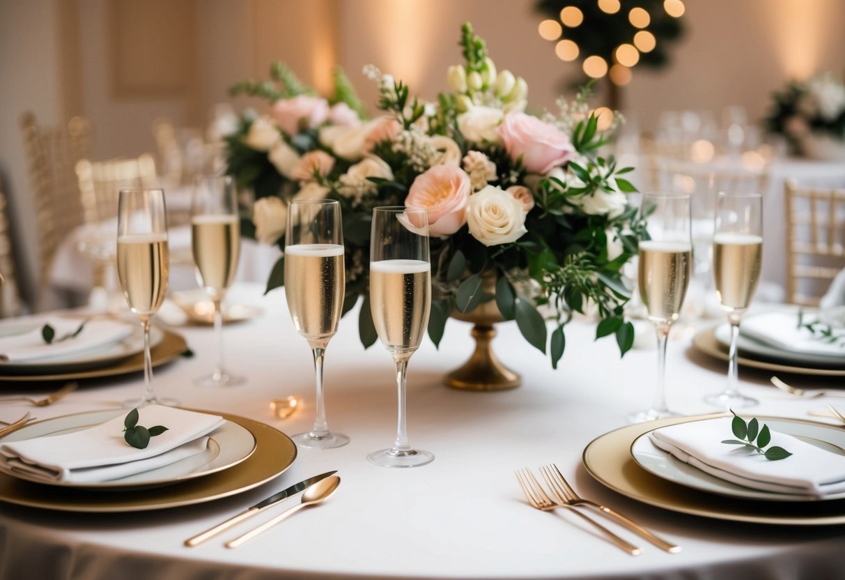 A table set with elegant dishes and champagne flutes, surrounded by floral centerpieces and soft lighting