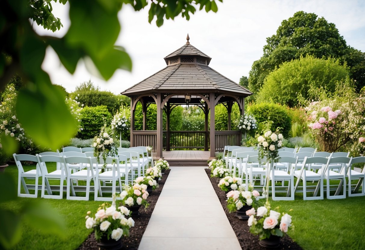 A lush garden with a charming gazebo set up for a wedding ceremony, surrounded by blooming flowers and greenery