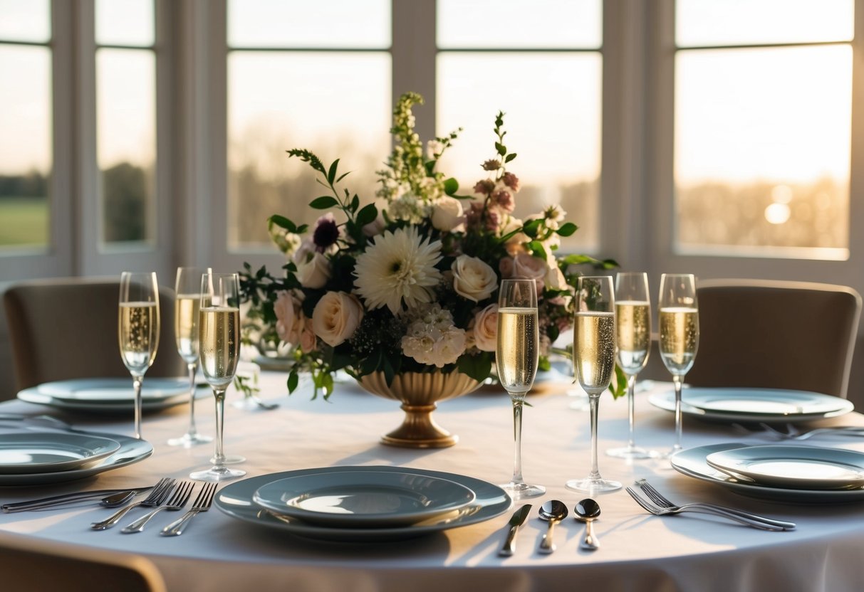 A table set with elegant dishes and champagne flutes, surrounded by floral centerpieces and soft morning light streaming through large windows