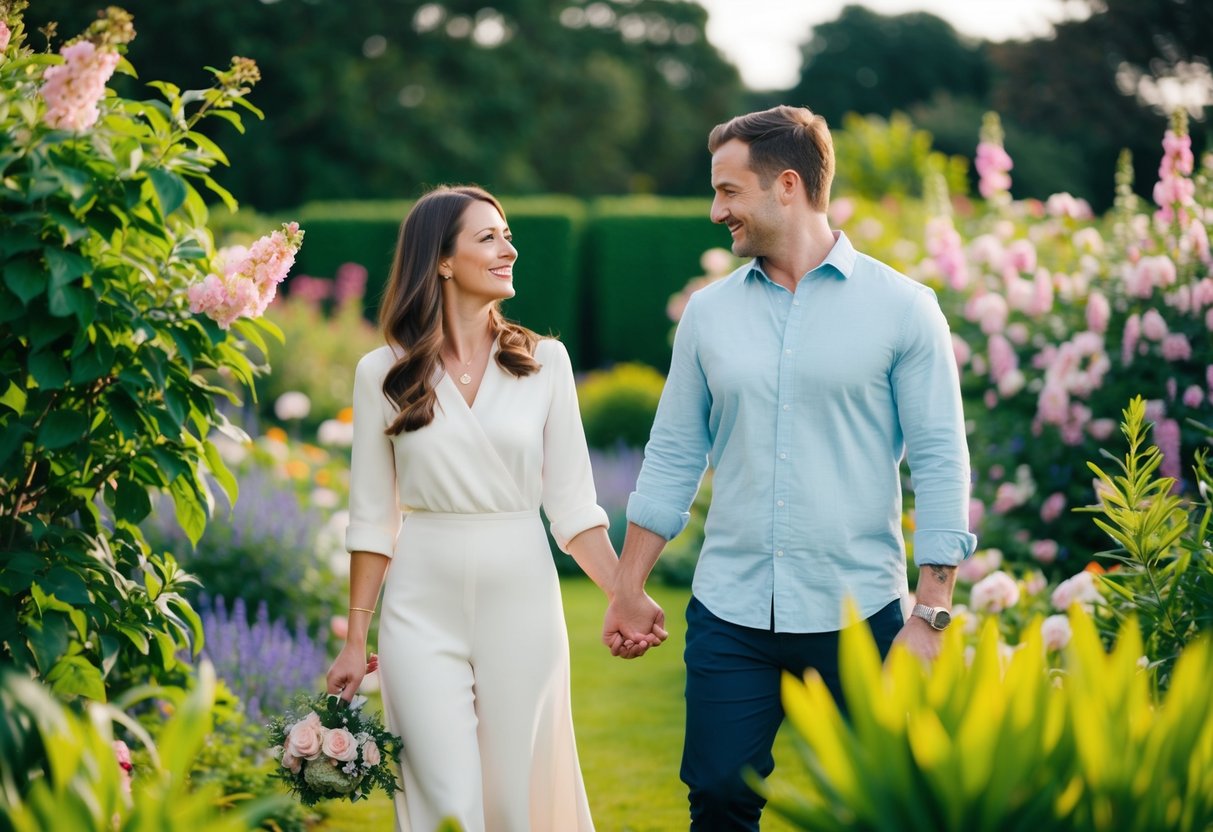 A couple stands in a lush garden, surrounded by blooming flowers and greenery. They hold hands as they gaze at each other, with a sense of joy and anticipation in the air