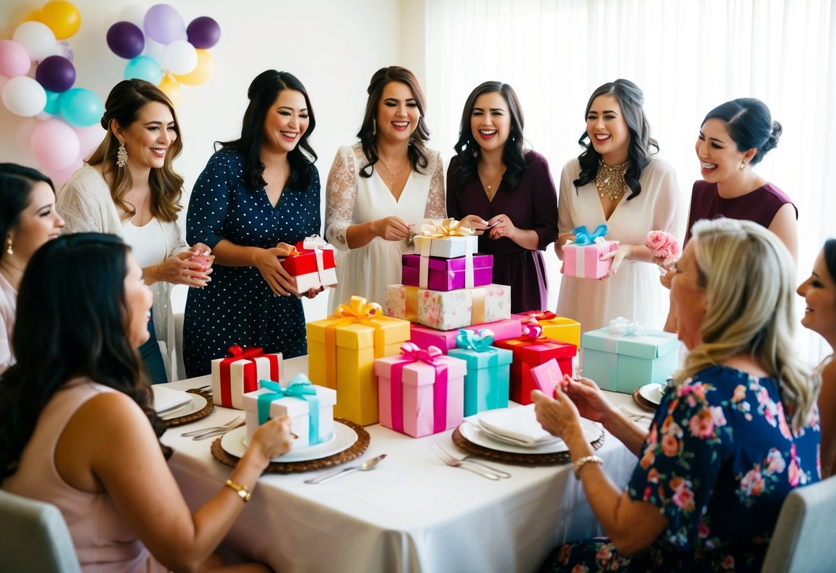 A group of women gather around a table, exchanging gifts and laughter at a bridal shower. A pile of presents sits in the center
