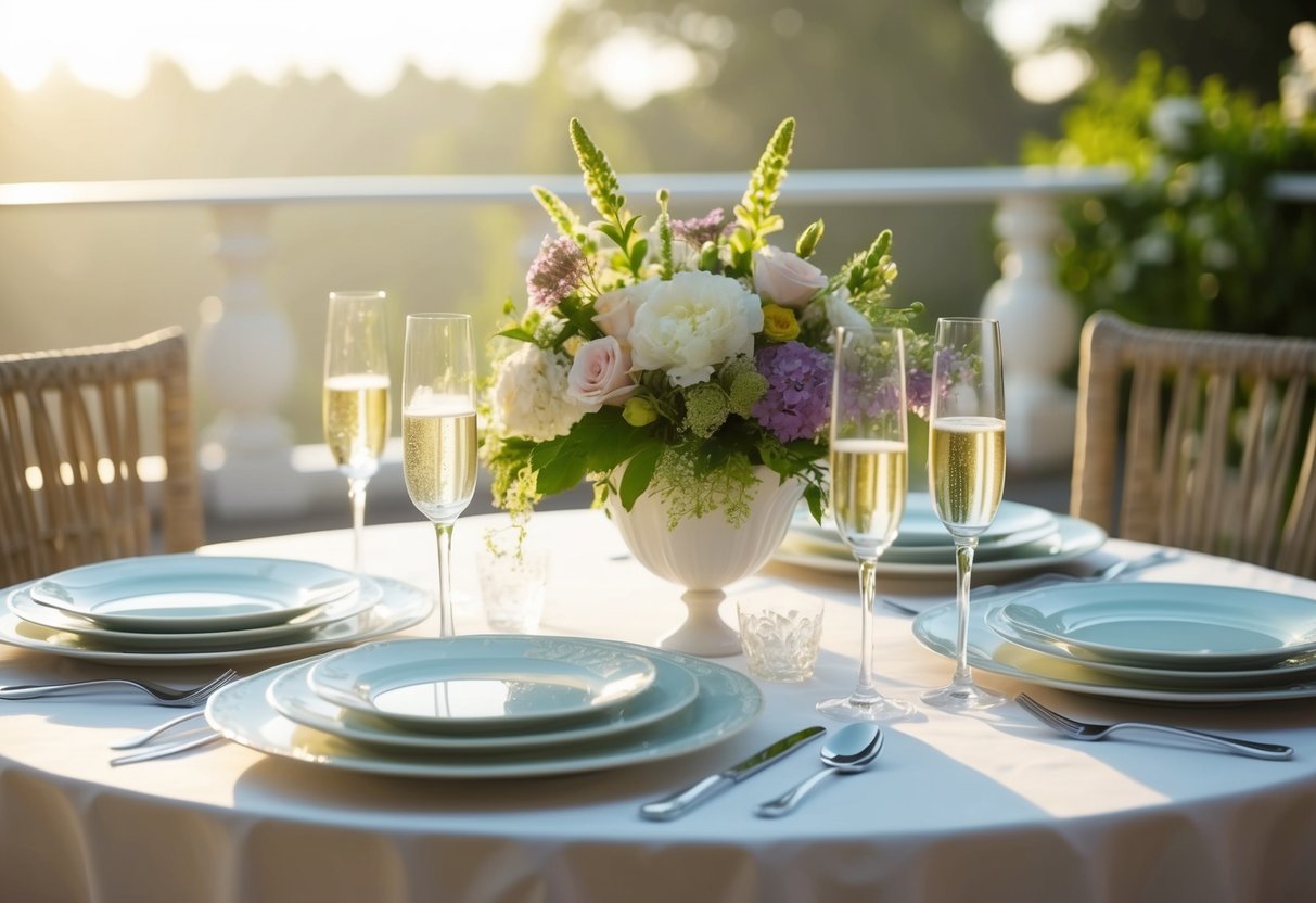 A beautifully set table with elegant dishes, fresh flowers, and champagne flutes, bathed in soft morning light