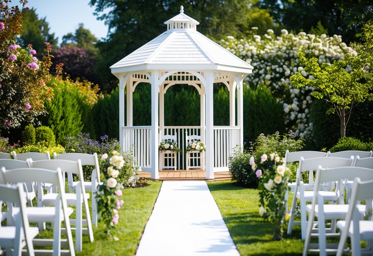 A sunny garden with a white gazebo, surrounded by blooming flowers and greenery. A small aisle leads to the gazebo, where two chairs are set up for a ceremony