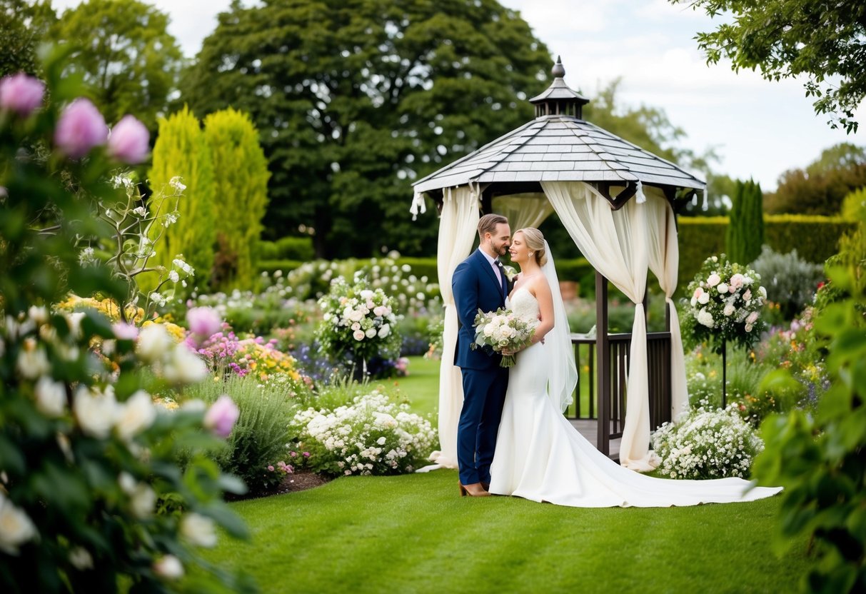 A couple stands in a lush garden, surrounded by blooming flowers and greenery. A small gazebo is decorated with delicate white fabric, creating a romantic setting for a wedding ceremony