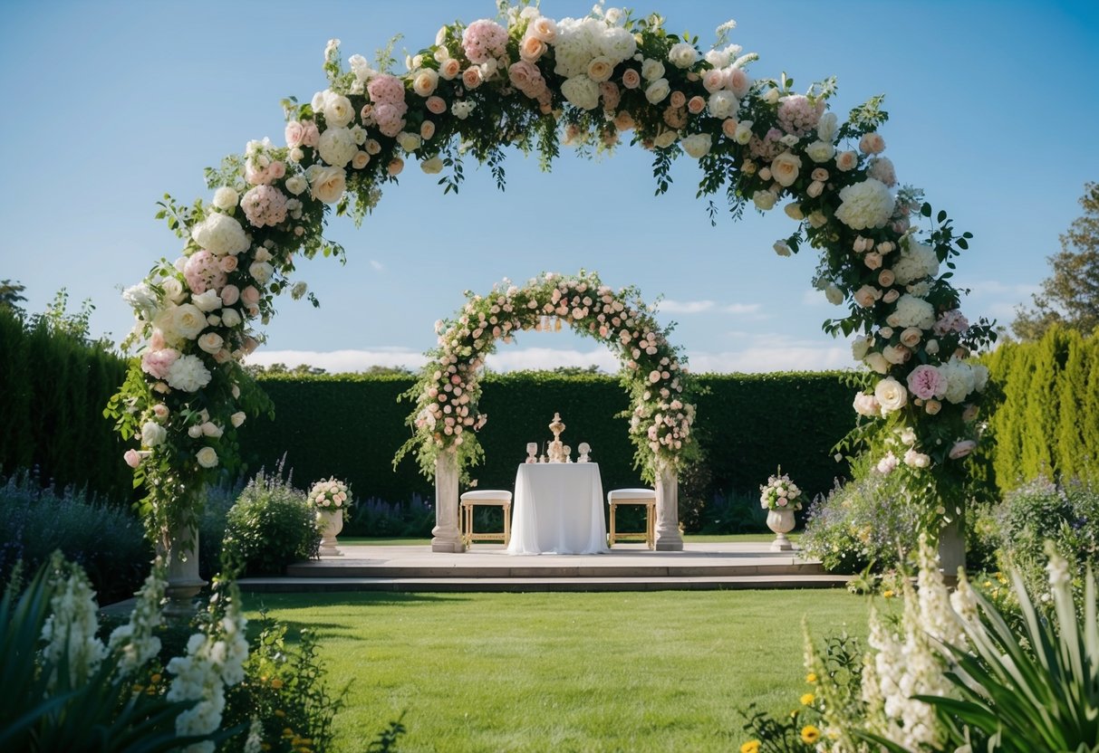 A serene garden with a blooming floral arch and a decorated altar, surrounded by lush greenery and a clear blue sky