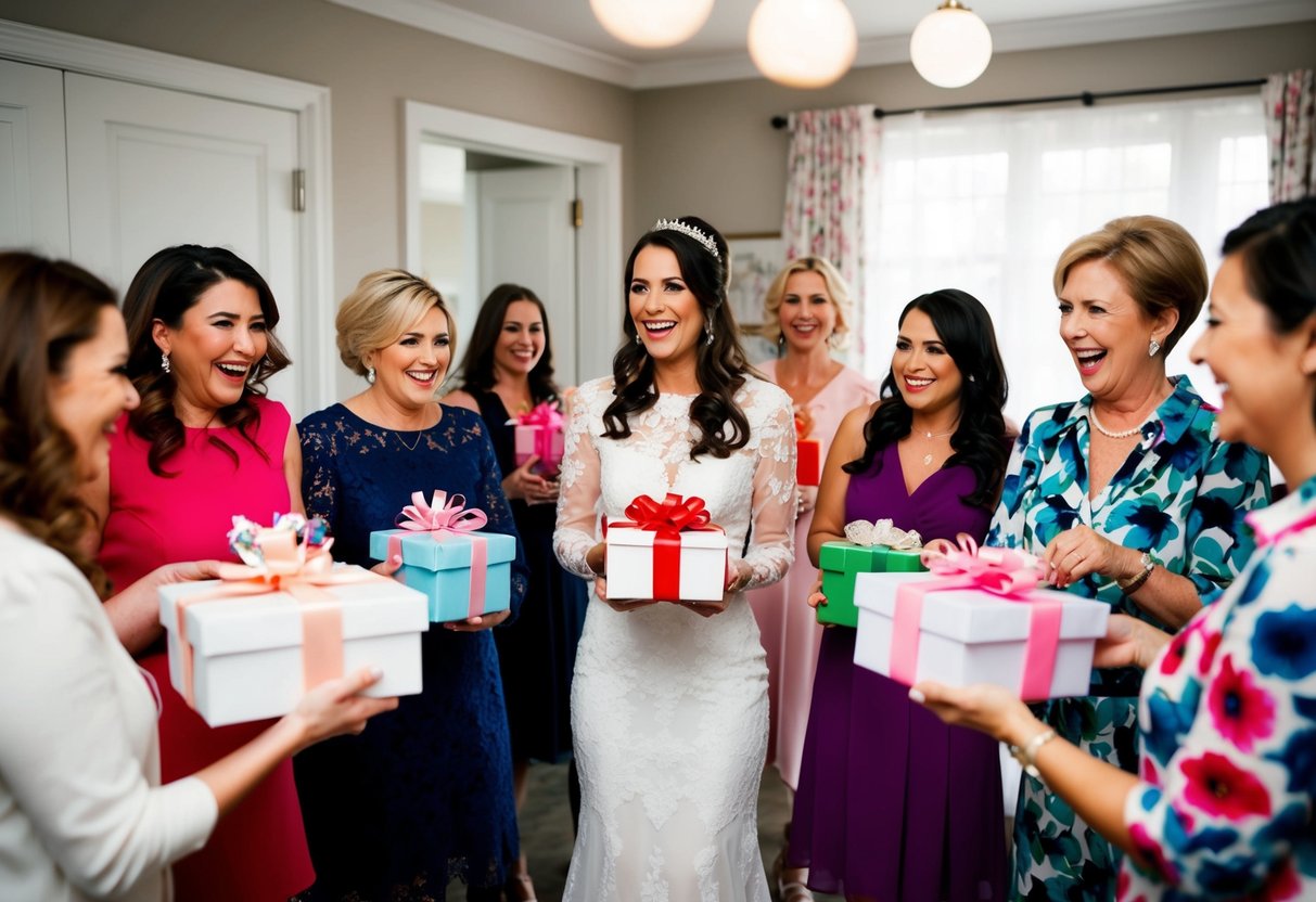 A group of guests at a bridal shower are seen presenting gifts and favors to the bride-to-be. The room is filled with excitement and anticipation as the bride opens each thoughtful present
