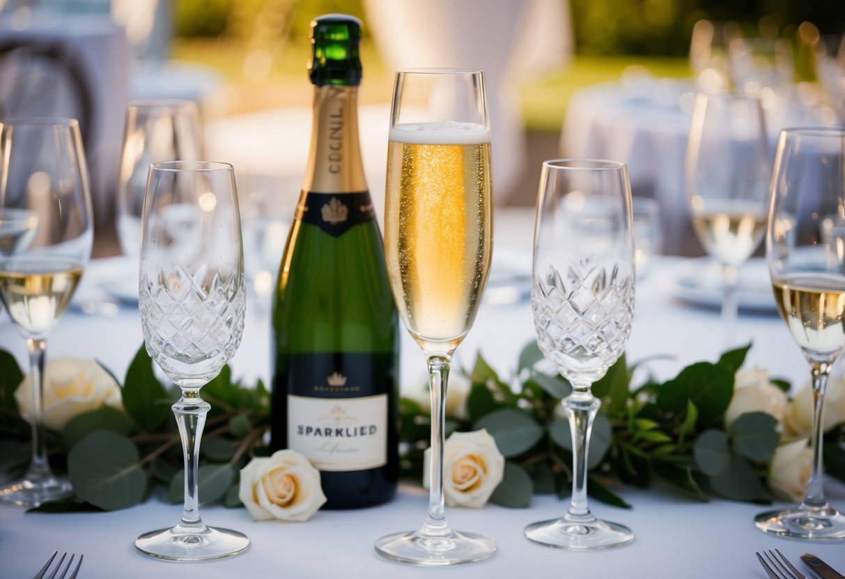 A champagne flute filled with bubbly, surrounded by elegant crystal glasses and a bottle of sparkling wine on a beautifully set wedding reception table