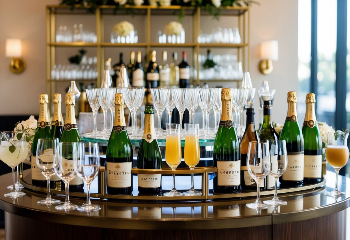 A beautifully decorated wedding bar with a variety of elegant glassware and bottles of champagne, wine, and cocktails on display