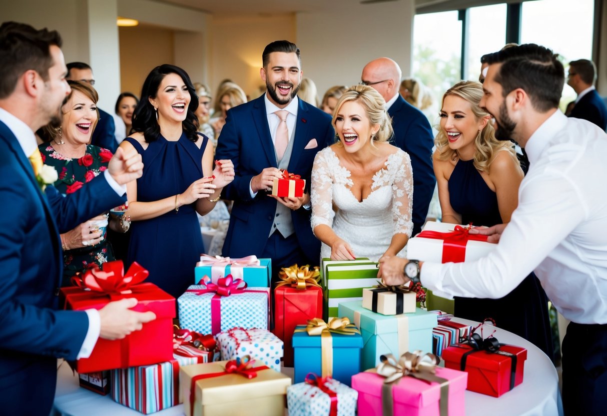 Guests mingle around a table filled with gifts, laughing and chatting. A bride-to-be opens presents while others watch and cheer