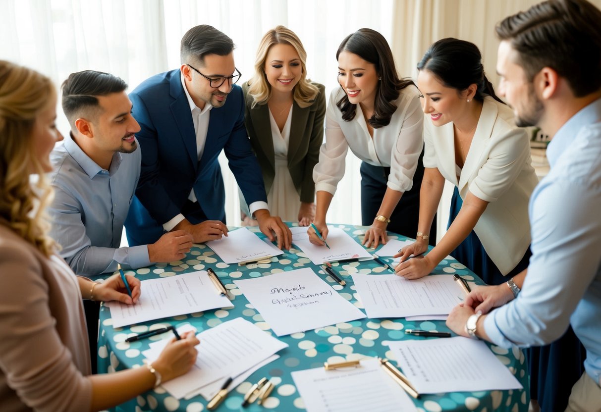 A group of people gather around a table covered in paper and pens, discussing and organizing a guest list for a wedding shower