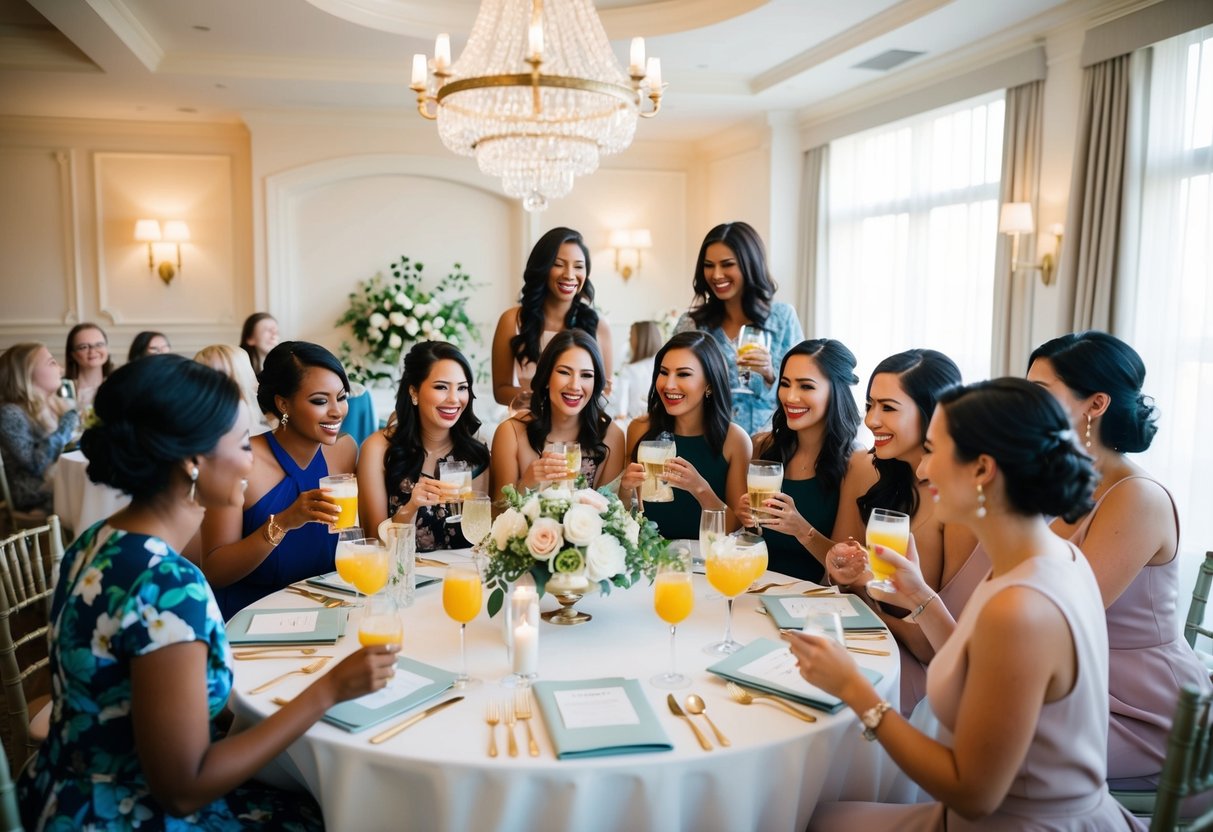 A group of friends gather in a beautifully decorated venue, sipping on drinks and chatting excitedly as they send out elegant invitations for an upcoming wedding shower