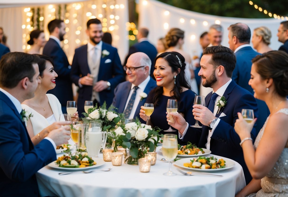 Guests mingle, sip drinks, and nibble on appetizers while admiring decorations and guessing the couple's future