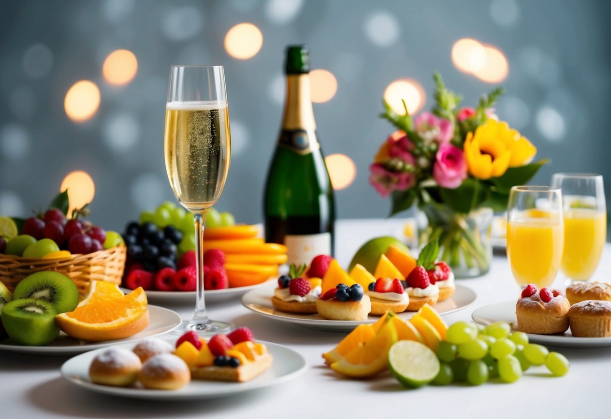 A table set with a variety of fresh fruits, pastries, and a glass of champagne, with a bouquet of flowers as a centerpiece