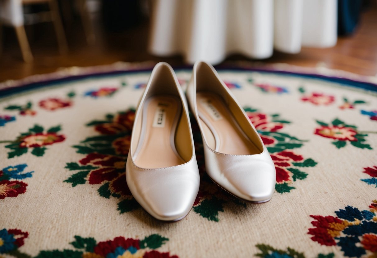 A pair of elegant flat shoes on a floral rug at a wedding