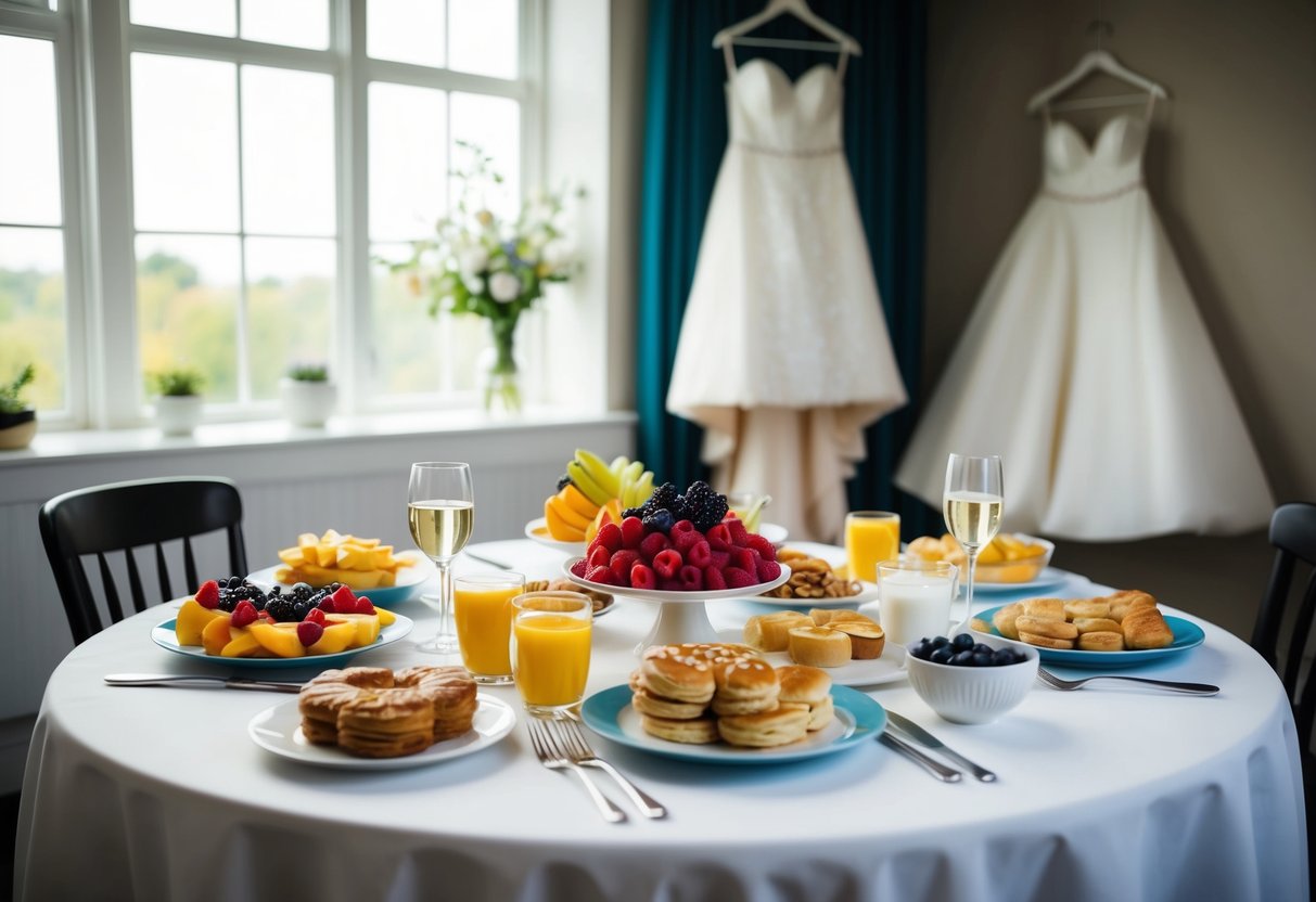 A table set with a variety of breakfast foods, including fruits, pastries, and yogurt, with a wedding dress hanging in the background