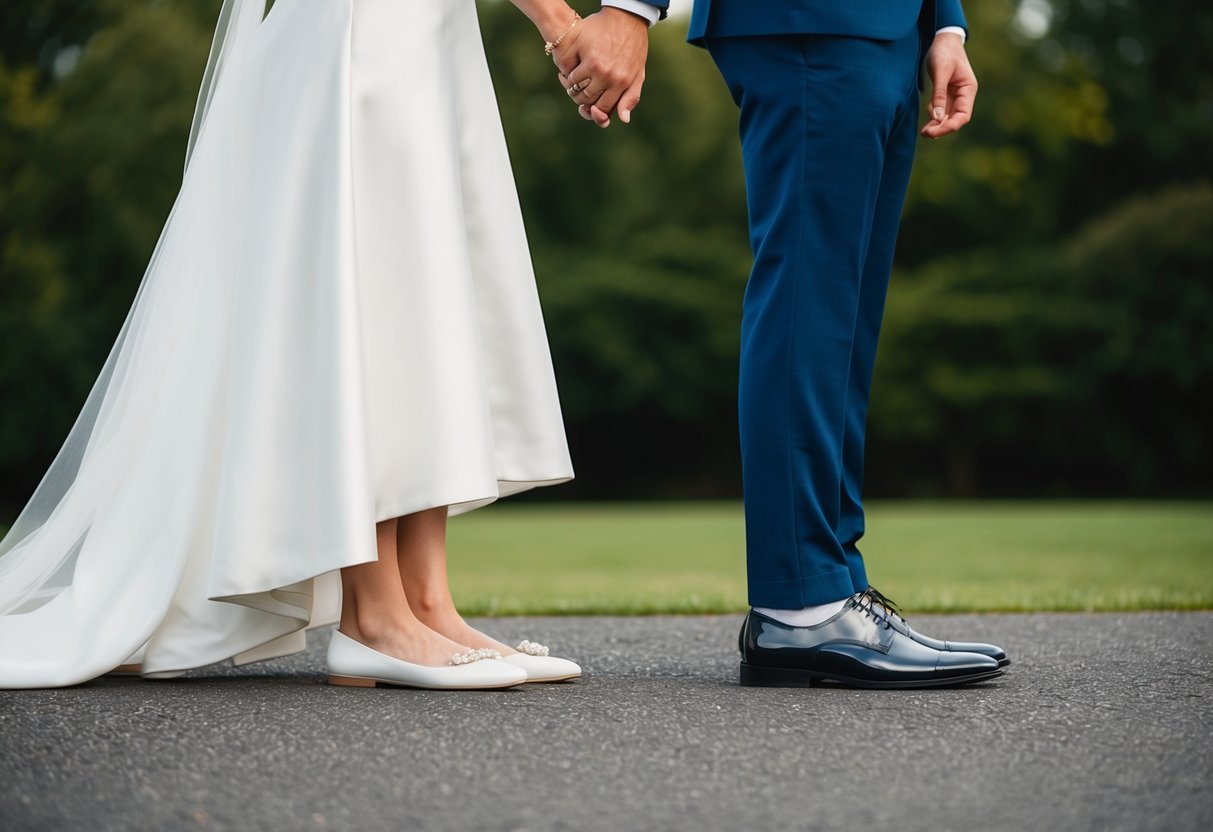 A bride and groom standing next to each other, holding hands, with the focus on their unique wedding shoes - one wearing stylish flats and the other in fashionable dress shoes