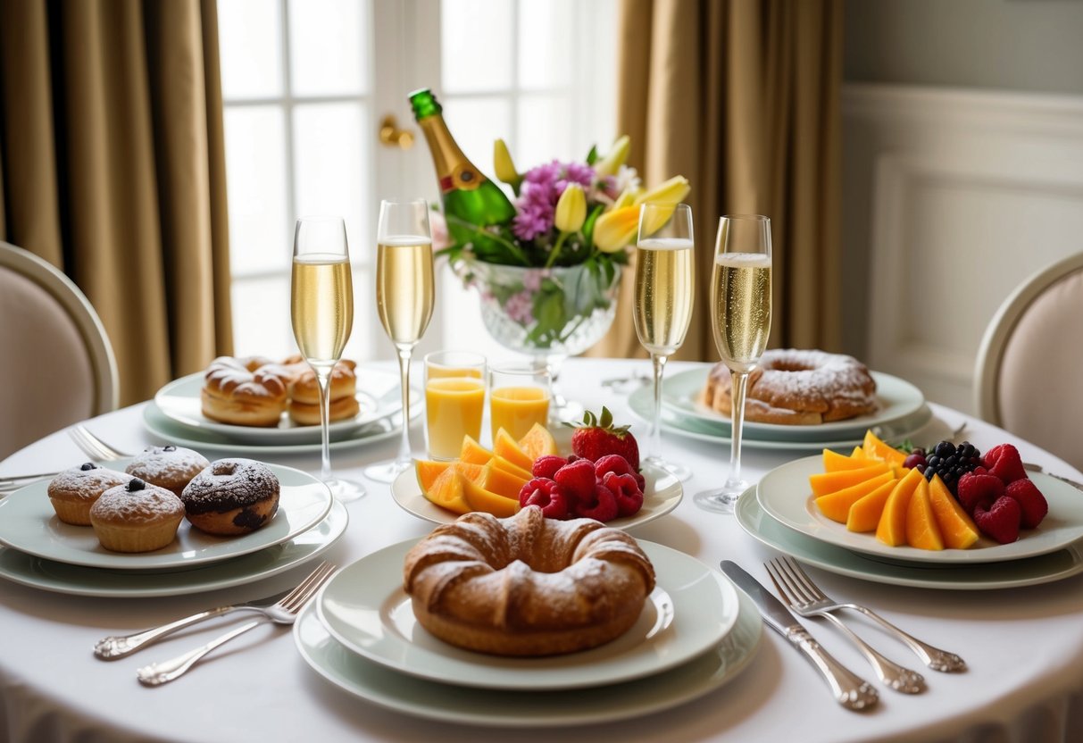 A beautifully set table with a variety of elegant breakfast options, such as pastries, fruit, and champagne, arranged in a luxurious setting