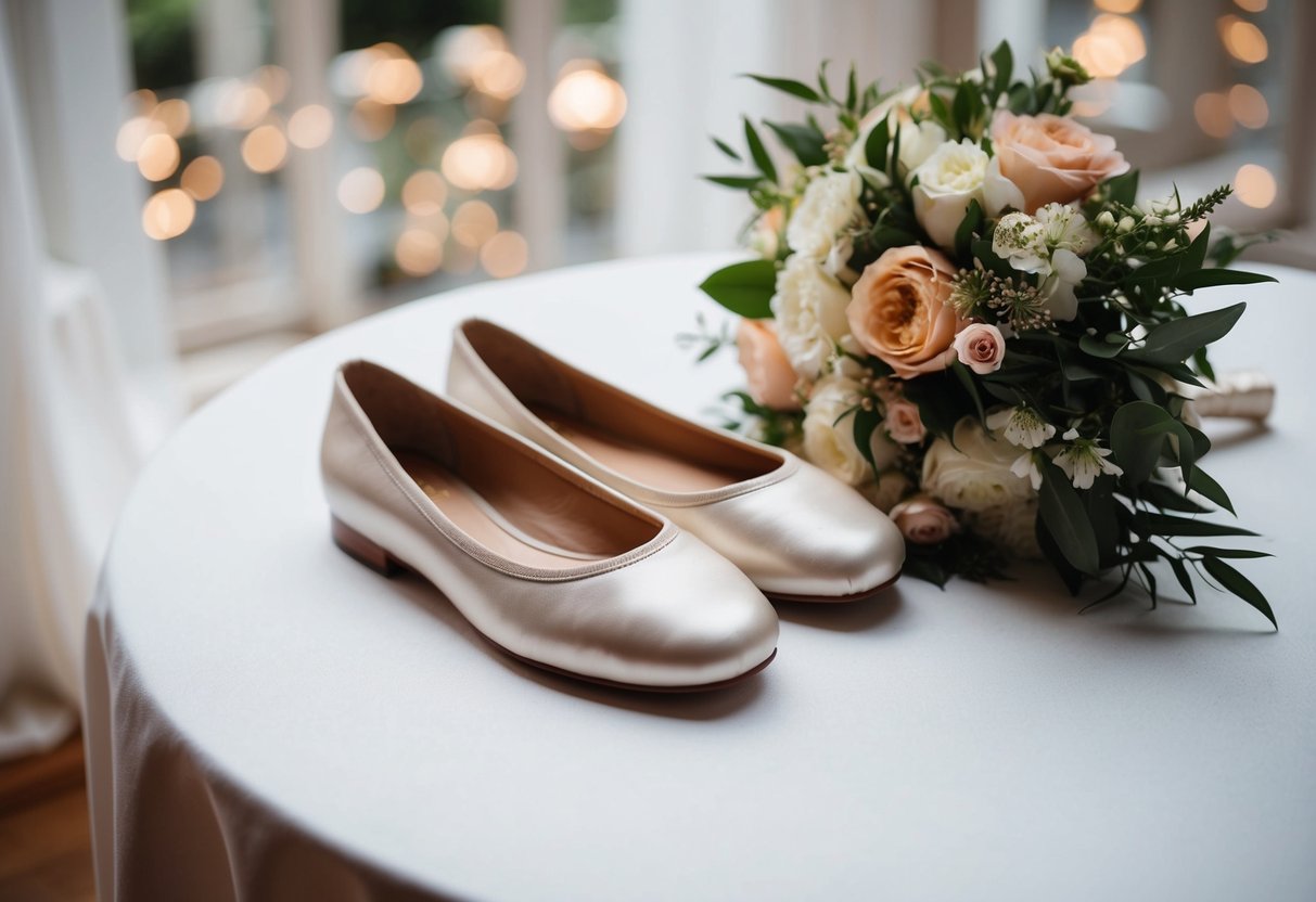 A pair of elegant flat ballet shoes next to a bouquet of flowers at a wedding