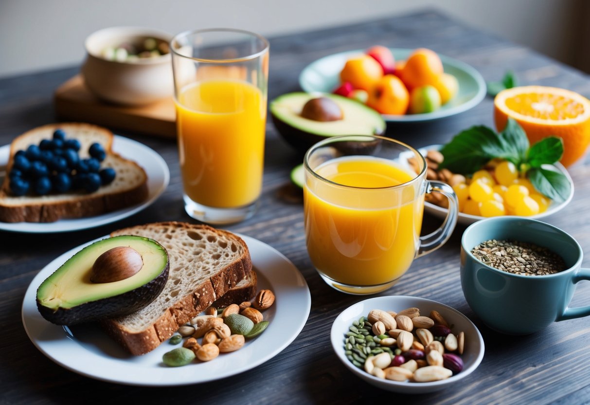 A table set with a colorful array of fruits, whole grain toast, avocado, and a variety of nuts and seeds. A glass of fresh orange juice and a mug of herbal tea complete the scene