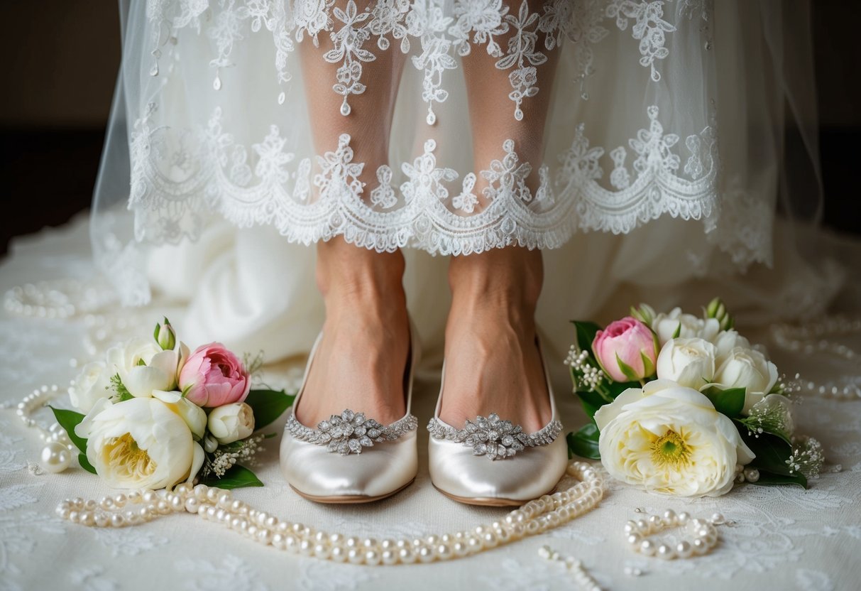 A bride's feet adorned with elegant flats, surrounded by delicate lace, flowers, and pearls