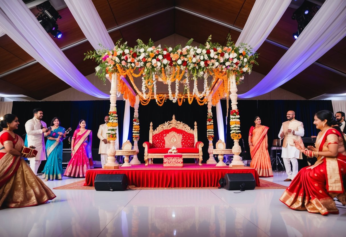 A traditional Indian wedding mandap with vibrant floral decorations and intricate drapery, surrounded by joyful guests and musicians