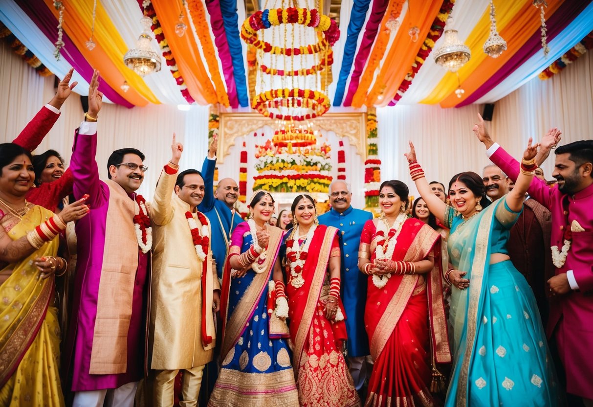 A colorful Indian wedding with traditional decorations and a grand venue, surrounded by family and friends celebrating the joyous occasion