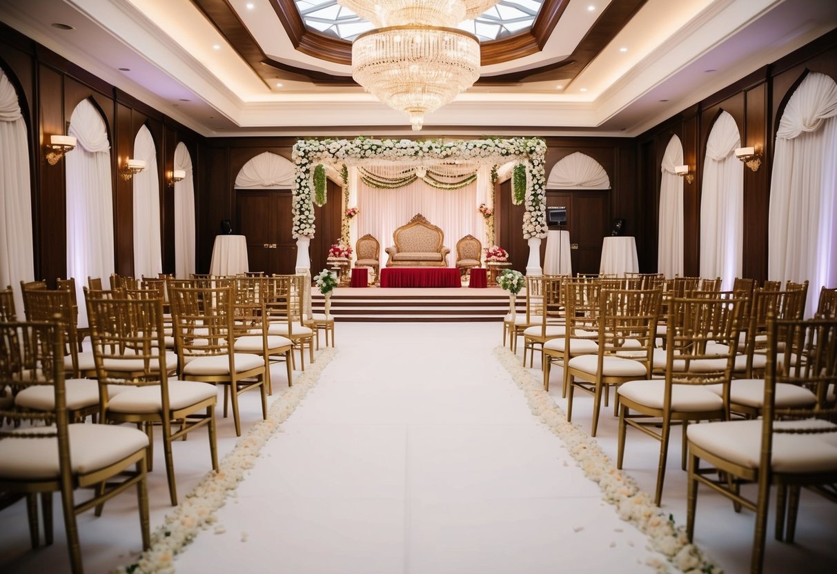 A grand Indian wedding venue with traditional decor and luxurious amenities, showcasing a variety of wedding packages